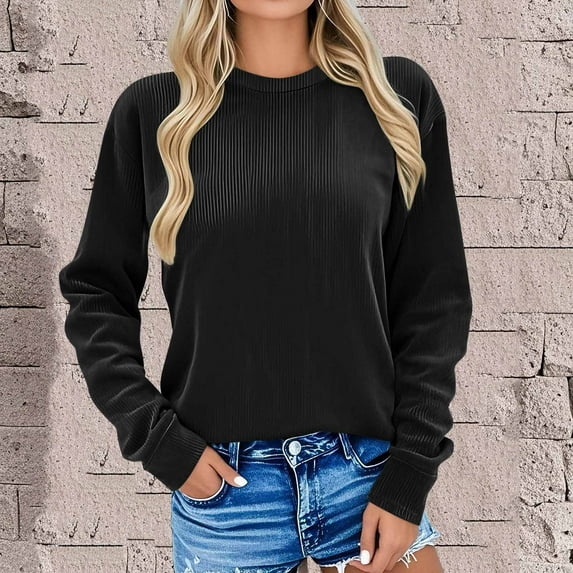 Busydd Womens Sweatshirts Casual Solid Color Long Sleeve Crewneck Sweatshirts Fashion Cotton Ribbed Fall Sweatshirt for Women M