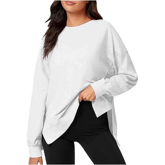 Busydd Womens Sweatshirts Fall Fashion Solid Color Long Sleeve Shirts for Women Casual Loose Crewneck Sweatshirts Slit Hem Oversized Sweatshirt for Women Basic Hoodies Pullover Tops