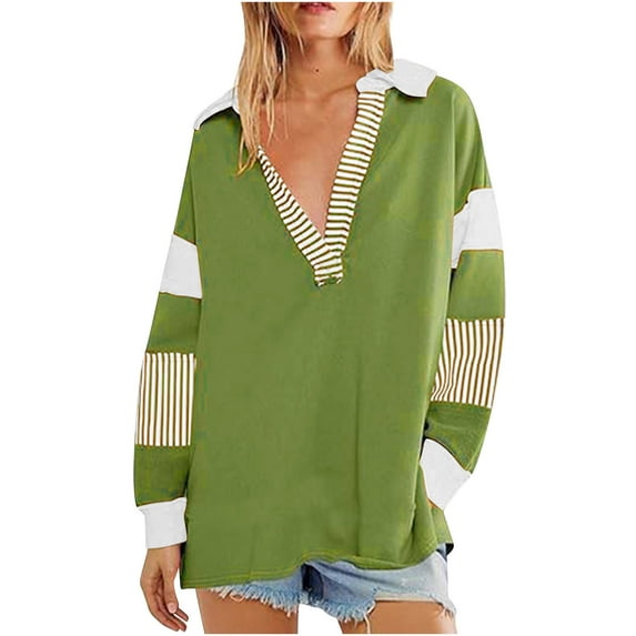 Busydd Womens Sweatshirts Fashion Colorblock Striped Patchwork Long Sleeve Shirts for Women Casual Loose Oversized Sweatshirt V Neck Pullover Tops Fall Lightweight Basic Hoodie