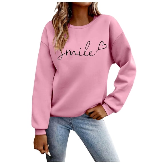 Busydd Womens Sweatshirts Fashion Smile Print Crewneck Sweatshirt Casual Long Sleeve Shirts for Women Fall Loose Pullover Sweatshirt