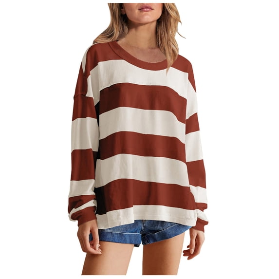 Busydd Womens Sweatshirts Fashion Striped Crewneck Sweatshirts Casual Loose Long Sleeve Shirts for Women Fall Clothes Lightweight Oversized Basic Hoodie Pullover Tops