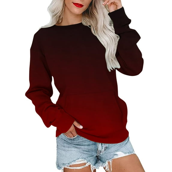 Busydd Womens Sweatshirts Gradient Color Crewneck Sweatshirts Long Sleeve Shirts for Women Casual Loose Oversized Hoodie Pullover Tops Fashion Fall Clothes with Pocket