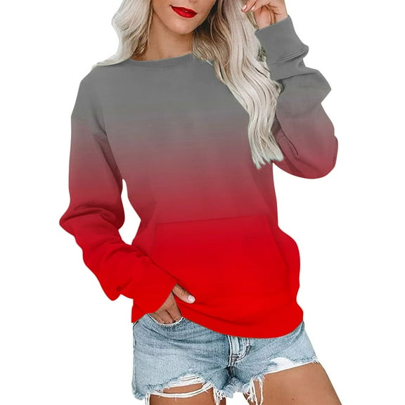 Busydd Womens Sweatshirts Gradient Color Crewneck Sweatshirts Long Sleeve Shirts for Women Casual Loose Oversized Hoodie Pullover Tops Fashion Fall Clothes with Pocket