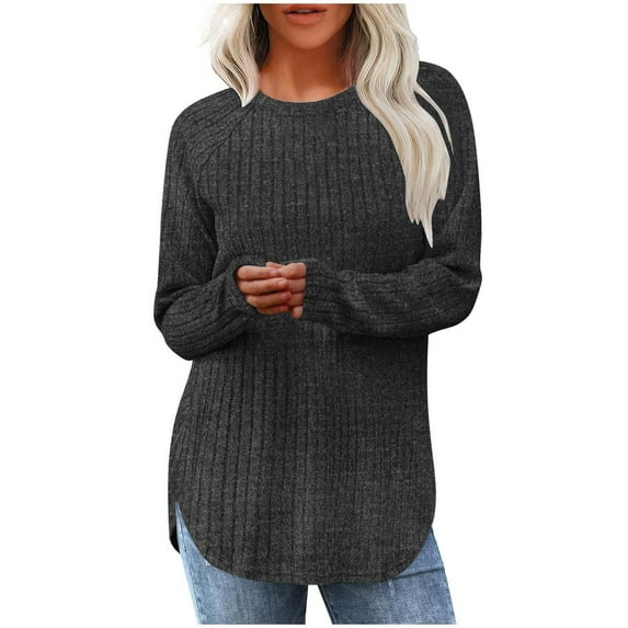 Busydd Womens Sweatshirts Trendy Knit Ribbed Long Sleeve Shirts for Women Casual Solid Color Crewneck Sweatshirt Loose Comfy Slit Hem Pullover Tops XL