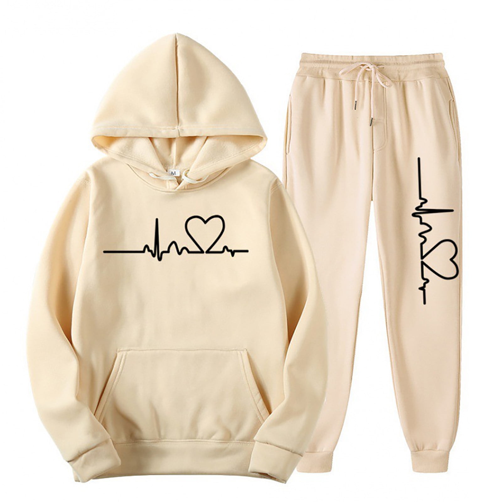 Two-Piece Set with Heart Print Hoodie and Wide-Leg Trousers - Gray