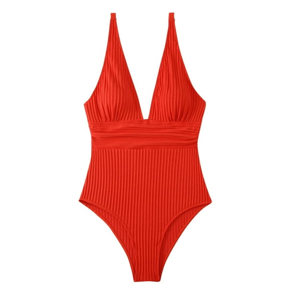 Busydd Womens Swimsuits Deep V Neck Ribbed Bathing Suits One Piece Tummy Control Swimsuits Tie Waist Solid Color Adjustable Straps Swimwear Summer Fashion Slim Bikini Bottom Swim Suits