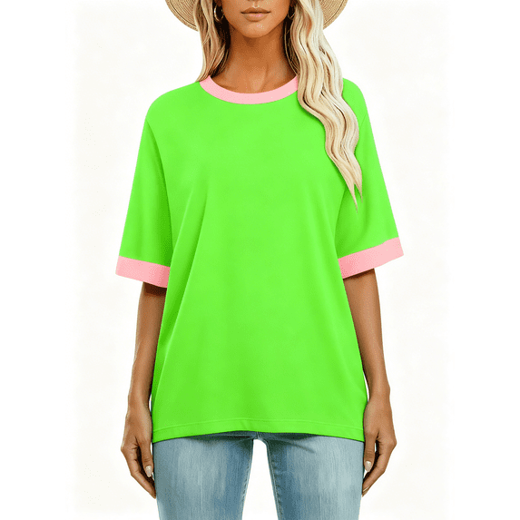 Busydd Womens T Shirts Casual Round Neck Short Sleeve Going Out Tops Fashion Oversized Color Block Women's Tops Plus Size Tops for Women L