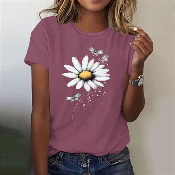 Busydd Womens T Shirts Crew Neck Short Sleeve Graphic Tees Casual Basic Summer Print T Shirts for Women S