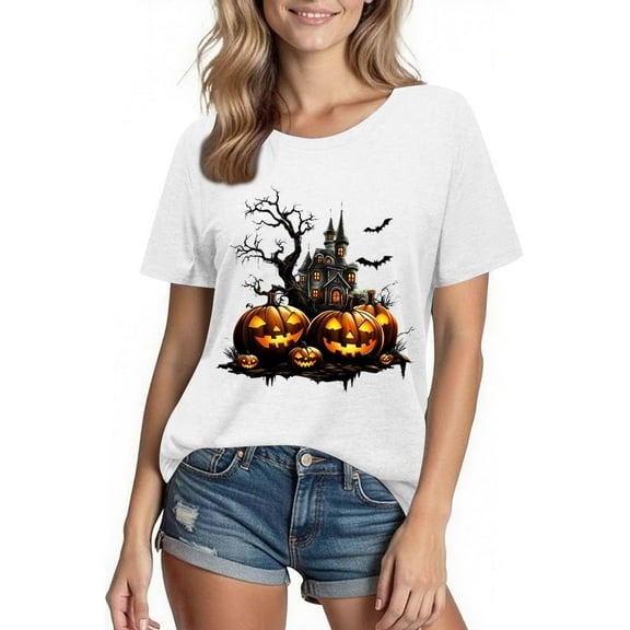 Busydd Womens T Shirts Fashion Halloween Graphic Tees for Women Casual Comfy Short Sleeve Going Out Tops Round Neck Cotton Tshirts for Women L