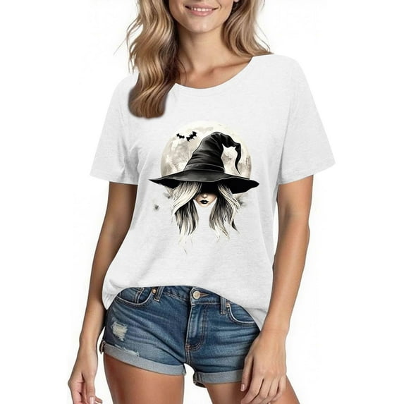 Busydd Womens T Shirts Fashion Halloween Graphic Tees for Women Casual Comfy Short Sleeve Going Out Tops Round Neck Cotton Tshirts for Women L