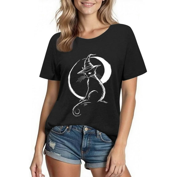 Busydd Womens T Shirts Fashion Halloween Graphic Tees for Women Casual Comfy Short Sleeve Going Out Tops Round Neck Cotton Tshirts for Women L