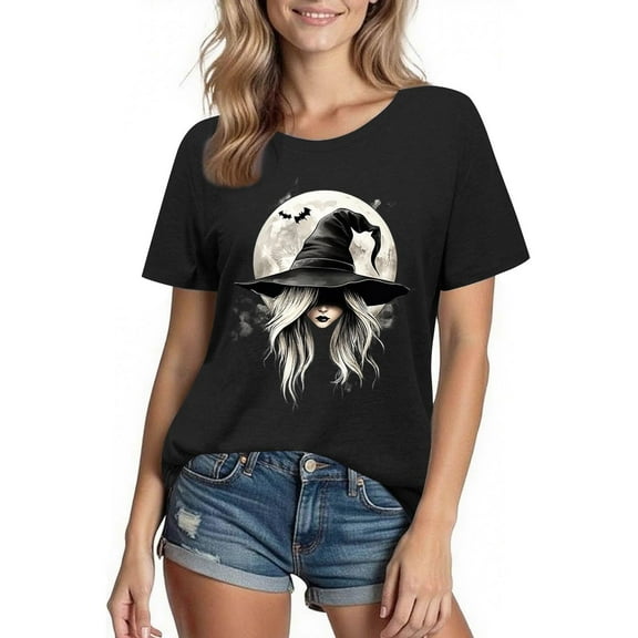 Busydd Womens T Shirts Fashion Halloween Graphic Tees for Women Casual Comfy Short Sleeve Going Out Tops Round Neck Cotton Tshirts for Women M
