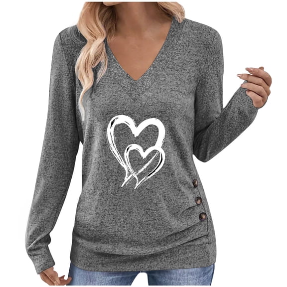 Busydd Womens T Shirts Fashion Heart Print Long Sleeve Going Out Tops for Women Casual Versatile Loose V Neck Womens Tops L