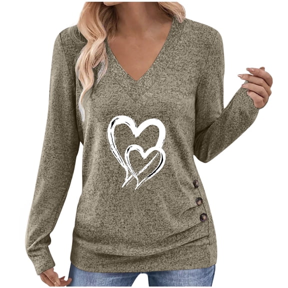 Busydd Womens T Shirts Fashion Heart Print Long Sleeve Going Out Tops for Women Casual Versatile Loose V Neck Womens Tops L