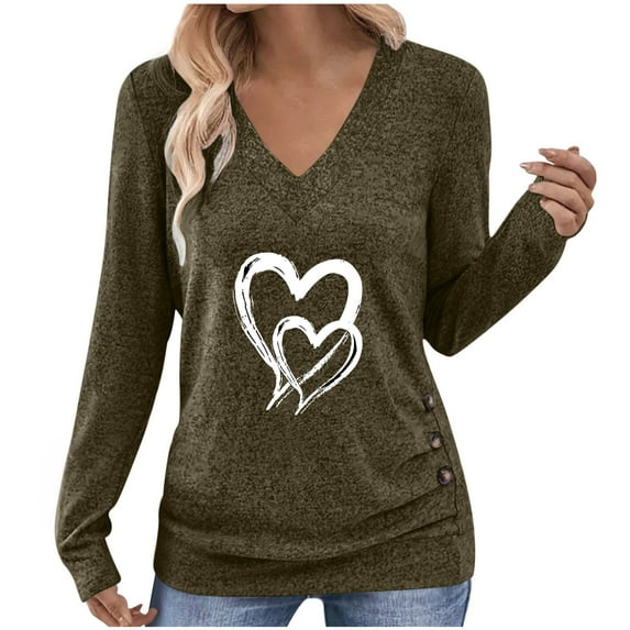 Busydd Womens T Shirts Fashion Heart Print Long Sleeve Going Out Tops for Women Casual Versatile Loose V Neck Womens Tops S