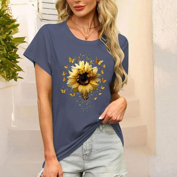 Busydd Womens T Shirts Fashion Print Short Sleeve Summer Tops Casual Round Neck Graphic Tees for Women Comfortable Versatile Going Out T-Shirts M