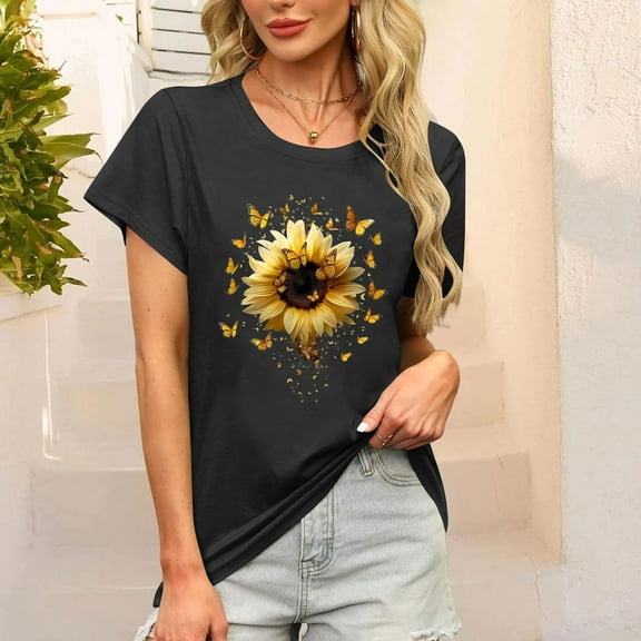 Busydd Womens T Shirts Fashion Print Short Sleeve Summer Tops Casual Round Neck Graphic Tees for Women Comfortable Versatile Going Out T-Shirts M