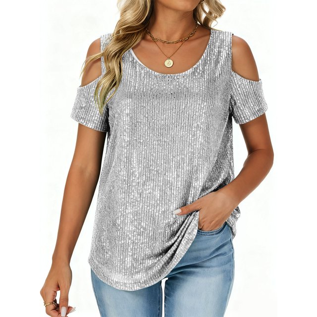 Busydd Womens T Shirts Trendy Short Sleeve off the Shoulder Sequin Tops for Women Casual Loose Comfy Solid Color Round Neck Womens Tops M