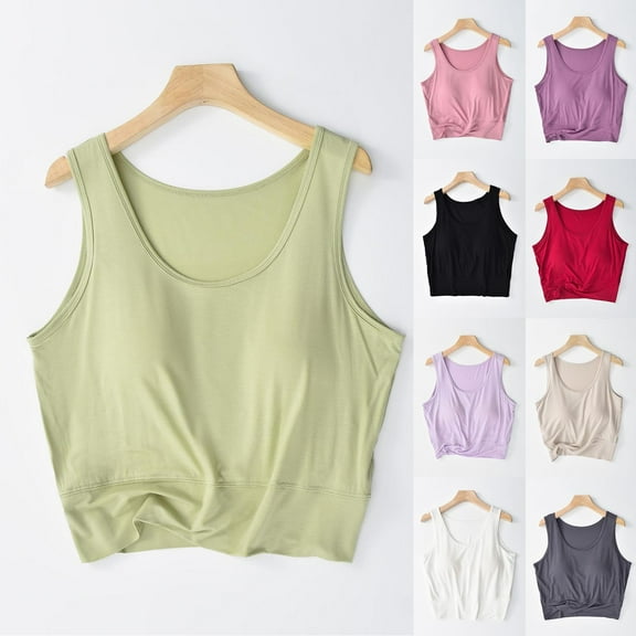 Busydd Womens Tank Tops Bulit in Bra Casual Stretch Solid Color Round Neck Crop Camisole Tops for Women Spring Summer Sleeveless Cotton Undershirts for Women