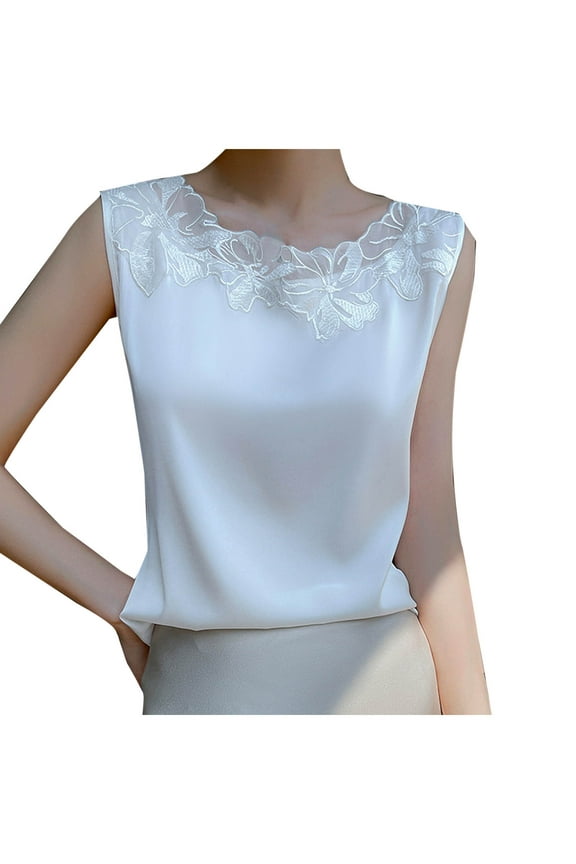 Womens Tank Tops S-3XL Trendy Comfy Lace Satin Camisole Tops Casual Solid Color Sleeveless Shirts Summer Round Neck Tank Top for Women