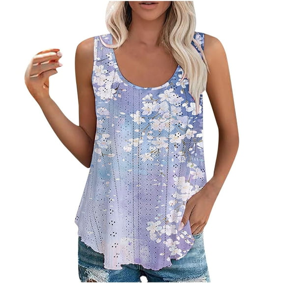 Busydd Womens Tank Tops Summer Breathable Eyelet Camisole Tops Round Neck Sleeveless Vests Tops Casual Fashion Boho Floral Print Tank Tops Soft Comfy Tunic Dressy Tank Tops