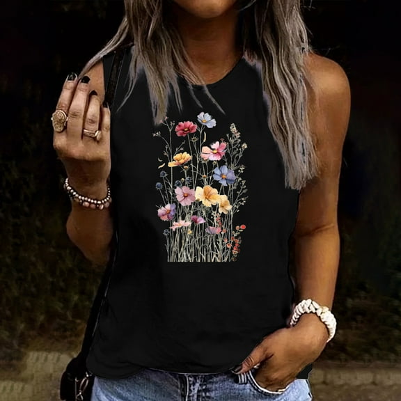 Busydd Womens Tank Tops Trendy Floral Print Summer Tops Casual Loose Round Neck Sleeveless Tops for Women Comfy Breathable Cotton T Shirts for Women L