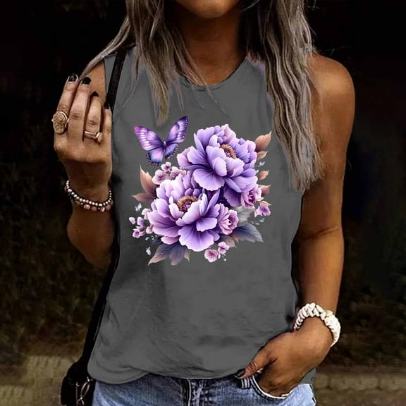 Busydd Womens Tank Tops Trendy Floral Print Summer Tops Casual Loose Round Neck Sleeveless Tops for Women Comfy Breathable Cotton T Shirts for Women S