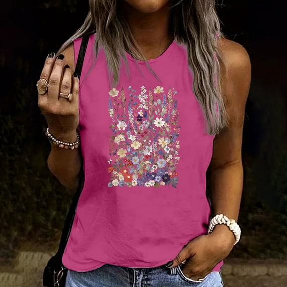 Busydd Womens Tank Tops Trendy Floral Print Summer Tops Casual Loose Round Neck Sleeveless Tops for Women Comfy Breathable Cotton T Shirts for Women S