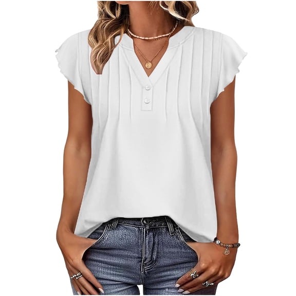 Busydd Womens Tank Tops Trendy Pleated V Neck Going Out Tops for Women Casual Summer Solid Color Ruffle Sleeveless Women's Tops M