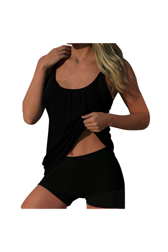 Womens Tankini Bathing Suits Built in Bra Summer Beach Solid Color Bathing Suit for Women Round Neck Pad Tank Tops and Boyshorts Two Piece Swimsuit for Women L