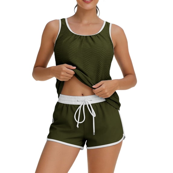 Busydd Womens Tankini Bathing Suits Fashion Ribbed Solid Color Tankinis Round Neck Sleeveless Tops and Drawstring Shorts 2 Piece Swimsuit for Women M