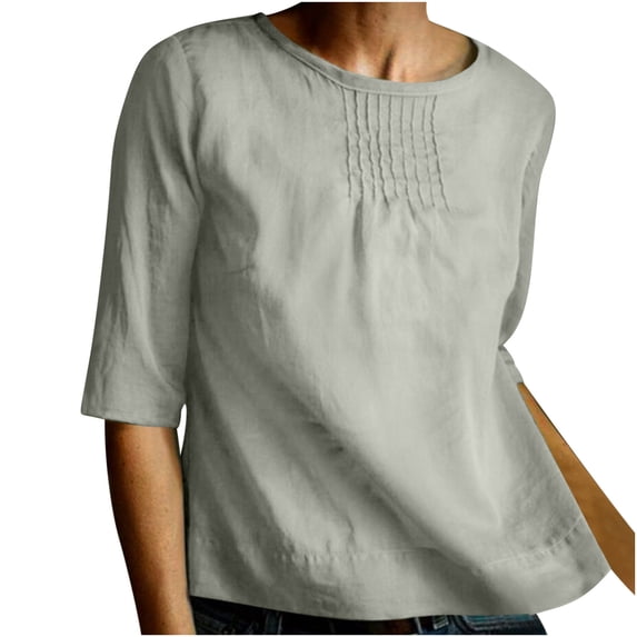 Busydd Womens Tops 1/2 Length Sleeve Round Neck Blouses Classic Solid Color Cotton Linen Shirts Summer Comfy Breathable Tee Tops Loose Fit Pleated Casual Tops Vintage Beach Vacation Tops