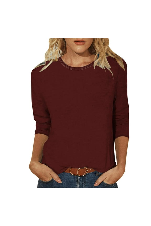 Womens Tops 3/4 Length Sleeve Spring Summer Blouses Solid Color Round Neck Casual T-Shirts Fashion Relaxed Fit Loose Tee Tops Comfy Soft Versatile Going Out Tops
