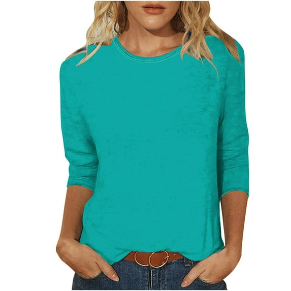 Busydd Womens Tops 3/4 Length Sleeve Spring Summer Blouses Solid Color Round Neck Casual T-Shirts Fashion Relaxed Fit Loose Tee Tops Comfy Soft Versatile Going Out Tops