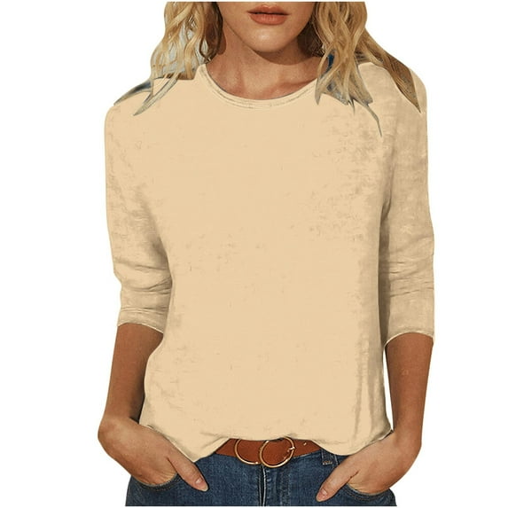 Busydd Womens Tops 3/4 Length Sleeve Spring Summer Blouses Solid Color Round Neck Casual T-Shirts Fashion Relaxed Fit Loose Tee Tops Comfy Soft Versatile Going Out Tops