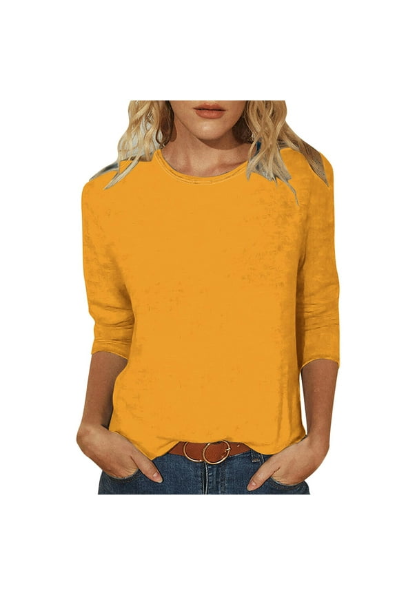 Womens Tops 3/4 Length Sleeve Spring Summer Blouses Solid Color Round Neck Casual T-Shirts Fashion Relaxed Fit Loose Tee Tops Comfy Soft Versatile Going Out Tops