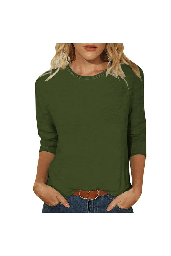 Womens Tops 3/4 Length Sleeve Spring Summer Blouses Solid Color Round Neck Casual T-Shirts Fashion Relaxed Fit Loose Tee Tops Comfy Soft Versatile Going Out Tops