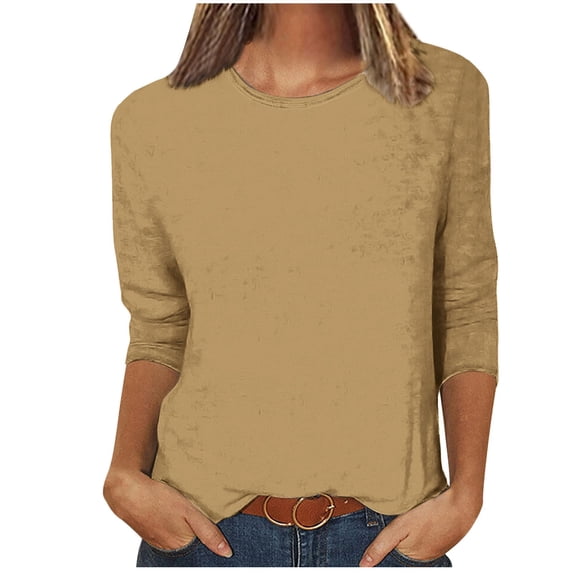 Busydd Womens Tops 3/4 Length Sleeve Spring Summer Blouses Solid Color Round Neck Casual T Shirts Relaxed Fit Loose Tee Tops Comfy Soft Versatile Going Out Tops Plus Size Tops for Women S-4XL