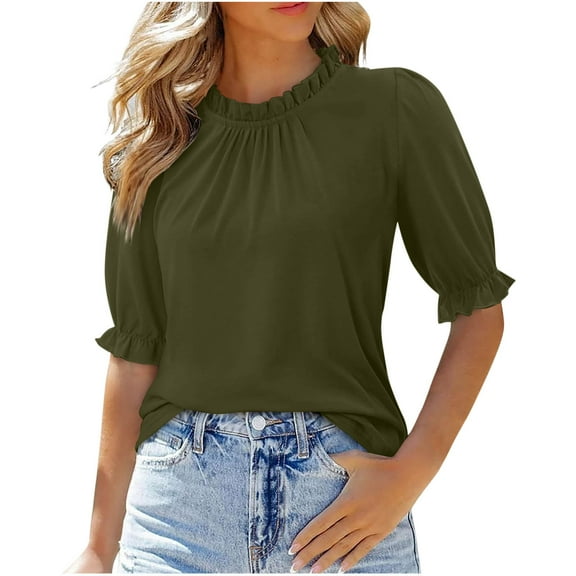 Busydd Womens Tops Casual 1/2 Length Sleeve Round Neck Summer Tops for Women Fashion Solid Color Pleated Going Out Tops Spring Comfy Casual Tee Shirts Blouses
