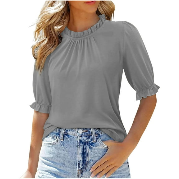 Busydd Womens Tops Casual 1/2 Length Sleeve Round Neck Summer Tops for Women Fashion Solid Color Pleated Going Out Tops Spring Comfy Casual Tee Shirts Blouses