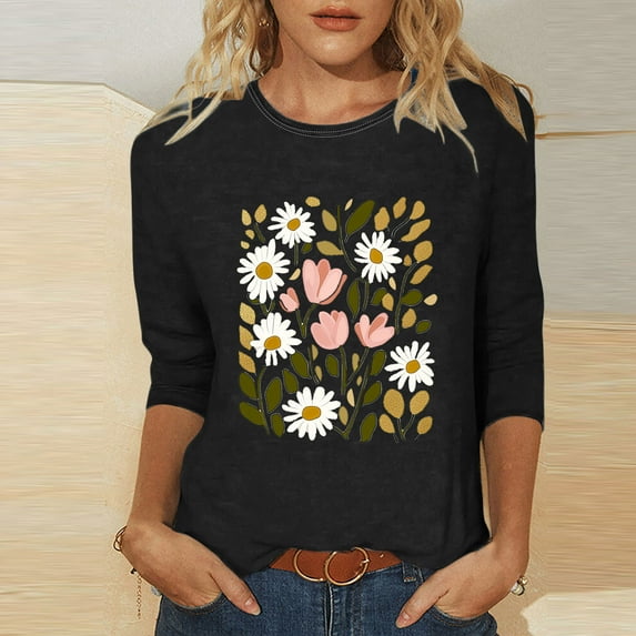 Busydd Womens Tops Casual 3/4 Lenght Sleeve Going Out Tops for Women Trendy Floral Print Spring Summer Tops Comfortable Versatile Tee Tops