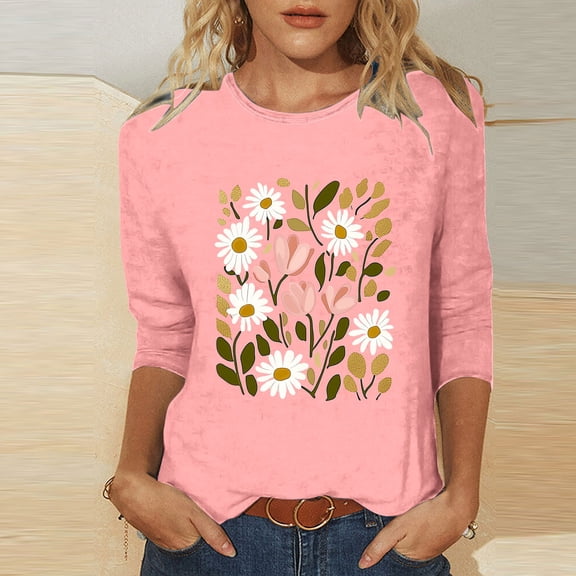 Busydd Womens Tops Casual 3/4 Lenght Sleeve Going Out Tops for Women Trendy Floral Print Spring Summer Tops Comfortable Versatile Tee Tops
