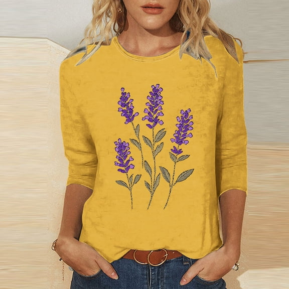 Busydd Womens Tops Casual 3/4 Lenght Sleeve Going Out Tops for Women Trendy Floral Print Summer Tops Comfortable Versatile Spring Tops Tees