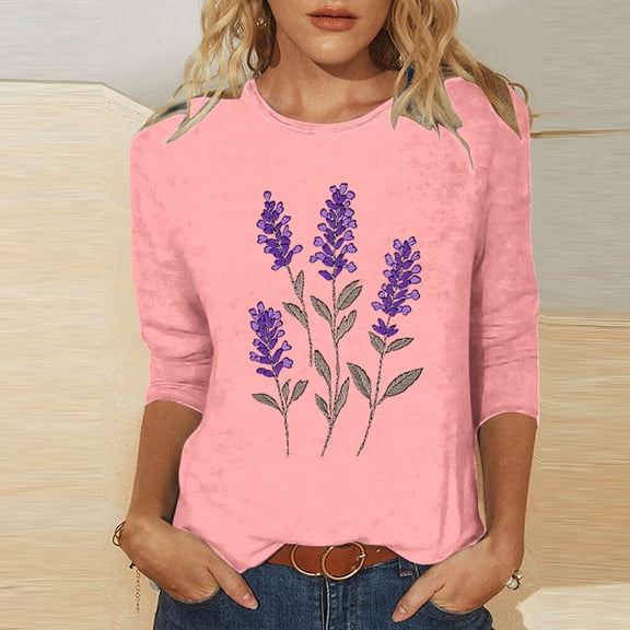 Busydd Womens Tops Casual 3/4 Lenght Sleeve Going Out Tops for Women Trendy Floral Print Summer Tops Comfortable Versatile Spring Tops Tees
