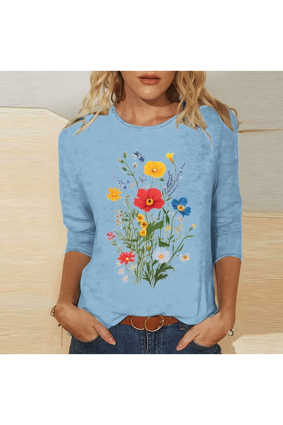 Womens Tops Casual 3/4 Lenght Sleeve Going Out Tops for Women Trendy Floral Print Summer Tops Comfortable Versatile Spring Tops Tees