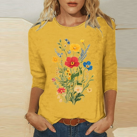 Busydd Womens Tops Casual 3/4 Lenght Sleeve Going Out Tops for Women Trendy Floral Print Summer Tops Comfortable Versatile Spring Tops Tees
