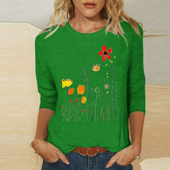 Busydd Womens Tops Casual 3/4 Lenght Sleeve Going Out Tops for Women Trendy Floral Print Summer Tops Comfortable Versatile Spring Tops Tees