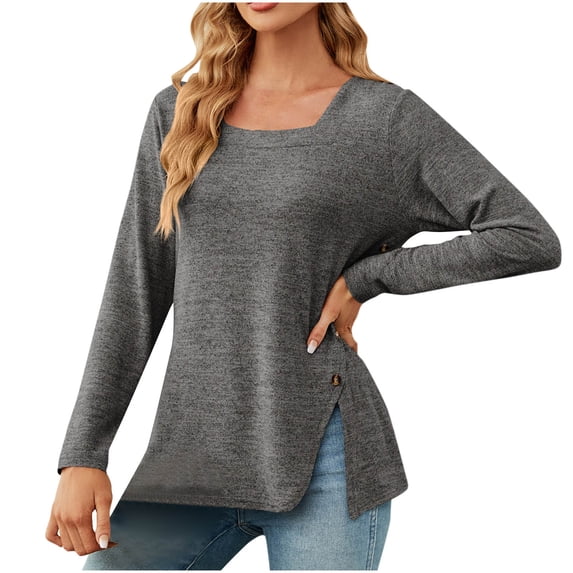Busydd Womens Tops Casual Long Sleeve Tee Shirts for Women Trendy Side Button Square Neck Spring Summer Blouses Comfortable Solid Color Going Out Tops