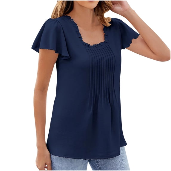 Busydd Womens Tops Casual Short Sleeve Solid Color Summer Tops Fashion Pleated Square Neck Going Out Tops Dressy Ruffle T Shirts for Women