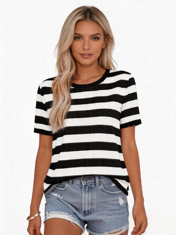 T Shirts for Women 2026 Striped Crew Neck Short Sleeve Summer Tops Slim Fit Casual Basic Tee Fashion Breathable Soft Stretchy Top for Daily #01Black S